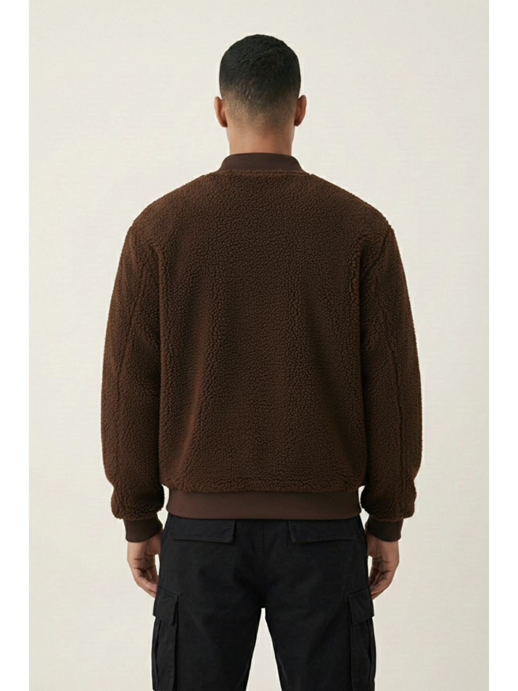 Kahverengi Erkek Mont Pelüş İçi Astarlı Oversize Geniş Kalıp Sherpa Kuzu Kumaş Spor Mont-3