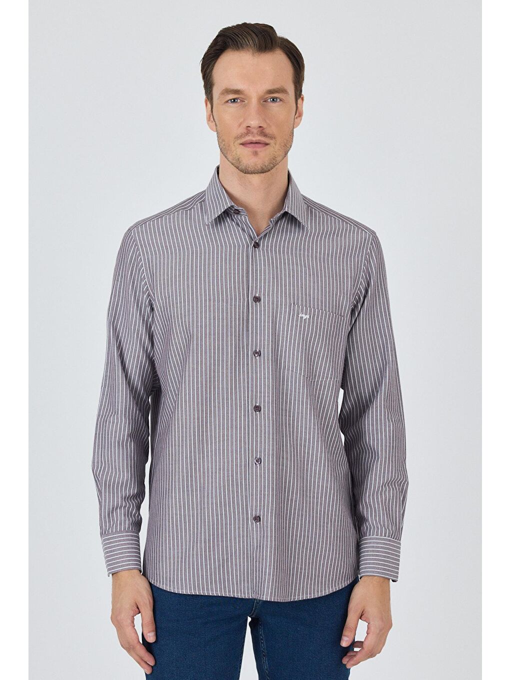 Bordo Uzun Kol Çizgili Desen Armürlü Sert Yaka Cepli Pamuklu Classic Comfort Fit Gömlek 1004250173