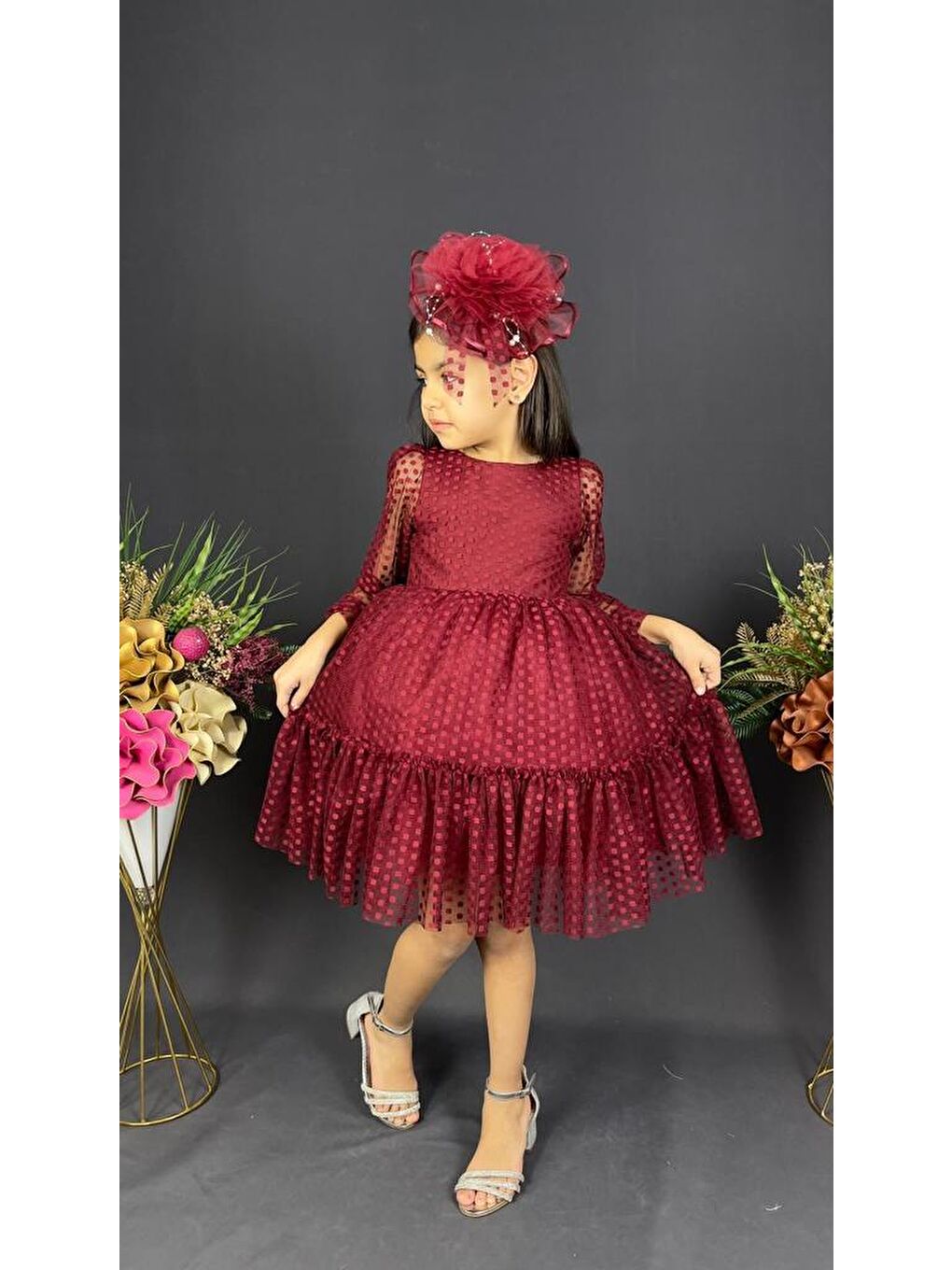 Bordo Katkat Prenses Dantel Tokalı Kız Çocuk Elbise MNK0306