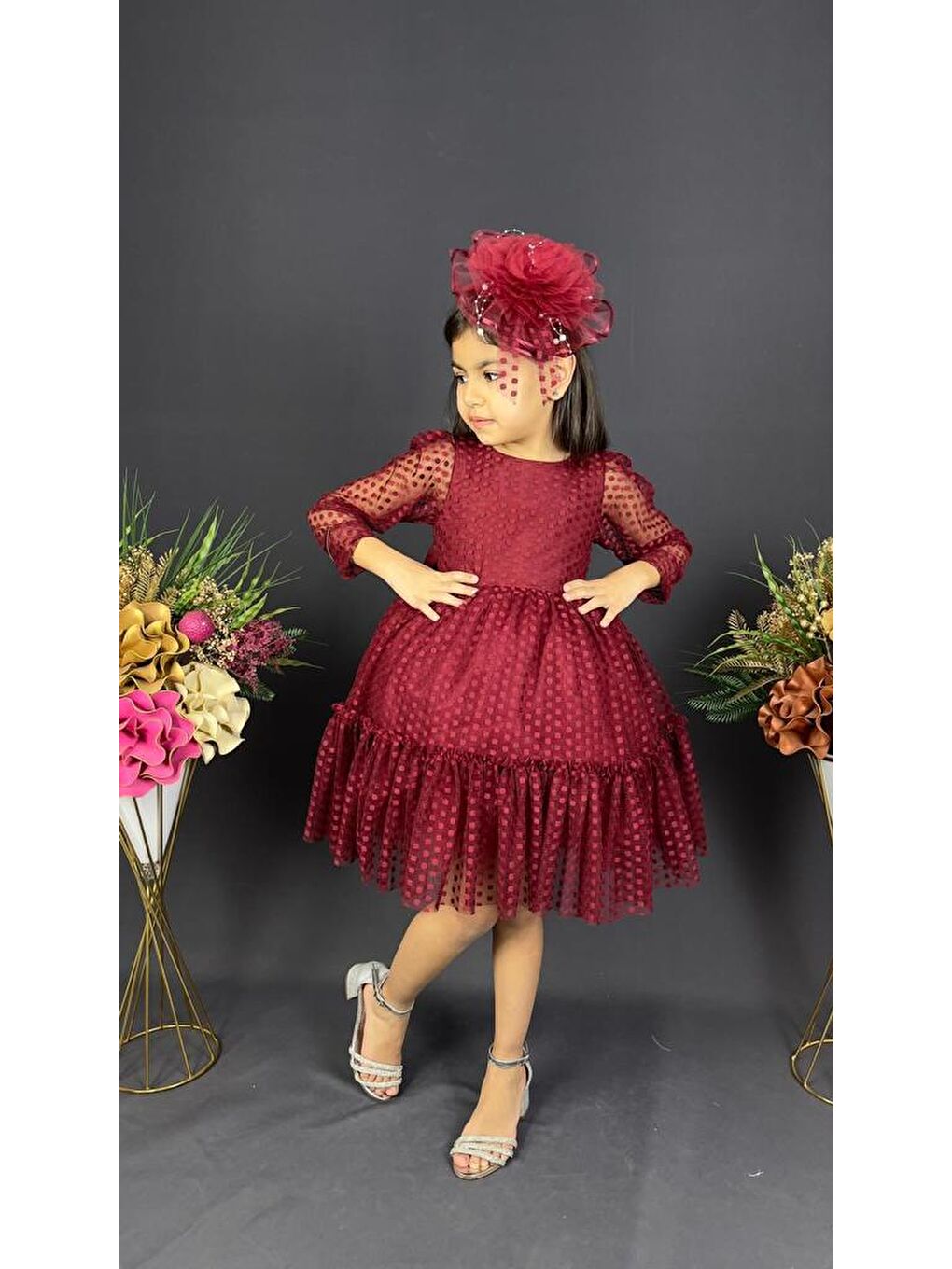 Bordo Katkat Prenses Dantel Tokalı Kız Çocuk Elbise MNK0306-1