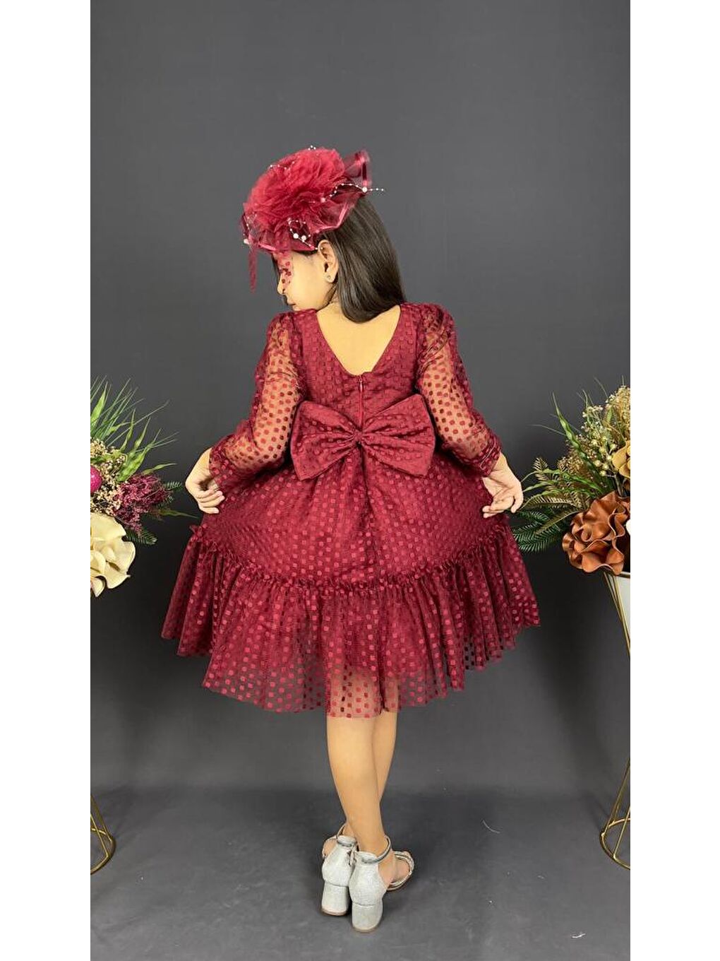 Bordo Katkat Prenses Dantel Tokalı Kız Çocuk Elbise MNK0306-2