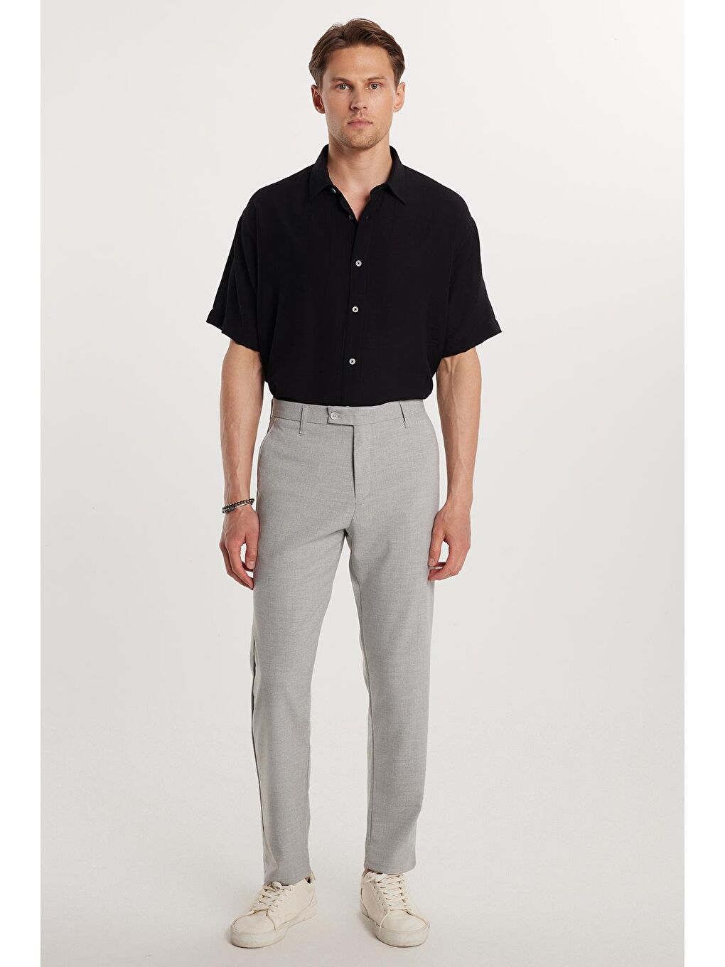 Erkek Slim Fit Dar Kesim Esnek Yan Cepli Bilek Boy Canvas Kesim Gri Pantolon-3