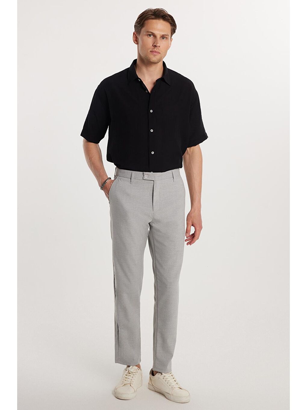 Erkek Slim Fit Dar Kesim Esnek Yan Cepli Bilek Boy Canvas Kesim Gri Pantolon-4