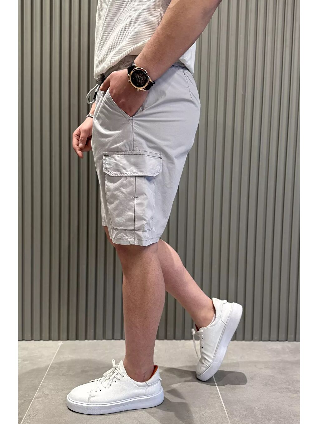 Gri Kargo Cepli Bel Bağcıklı Erkek Şort-1