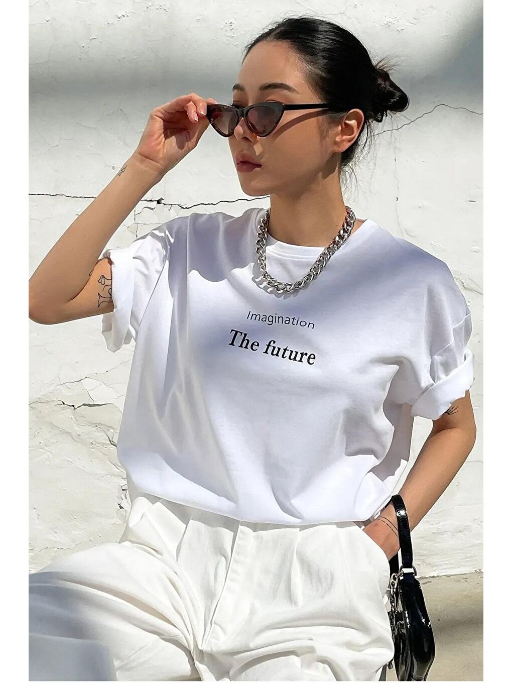 uyguntarz Beyaz Unisex The Future Baskılı Oversize T-shirt