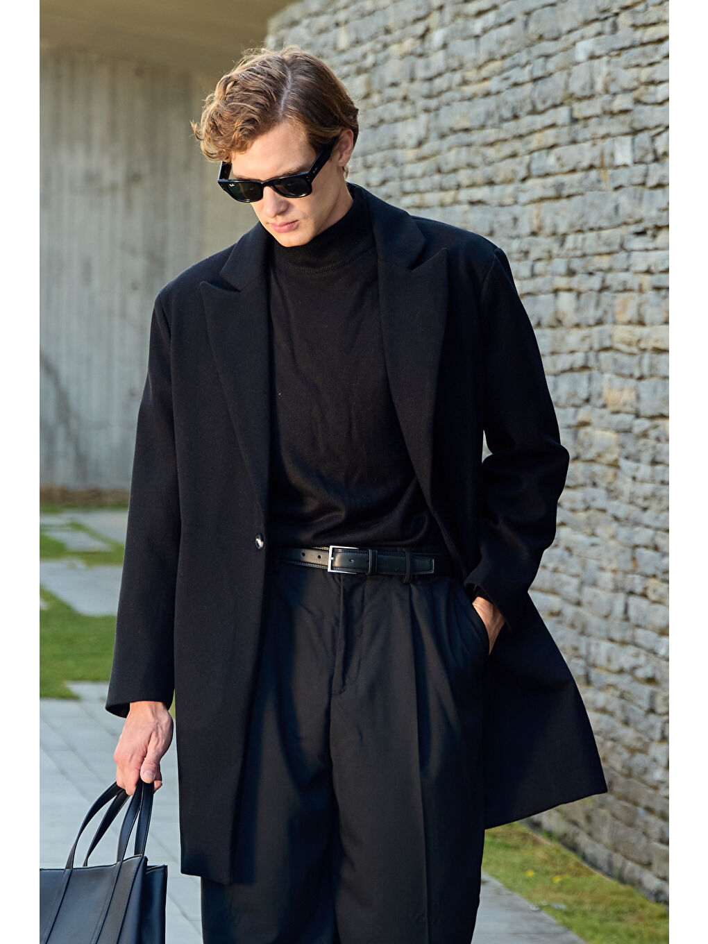 Erkek Rahat Kesim Kaşe Palto Siyah-1