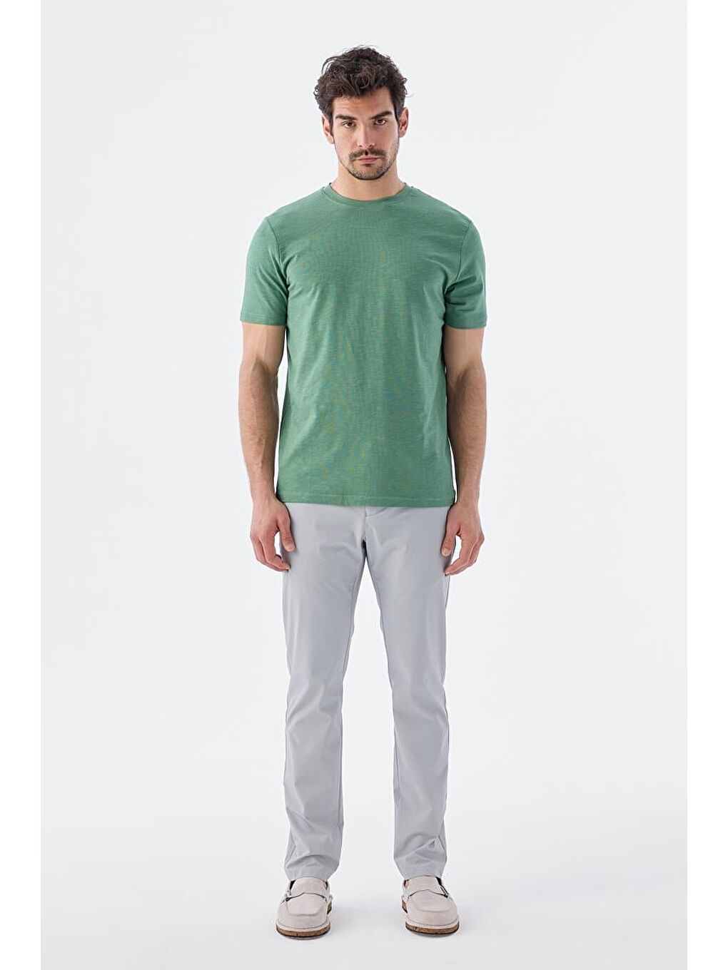 Yeşil Slim Fit Triko Bisiklet Yaka T-Shirt-1