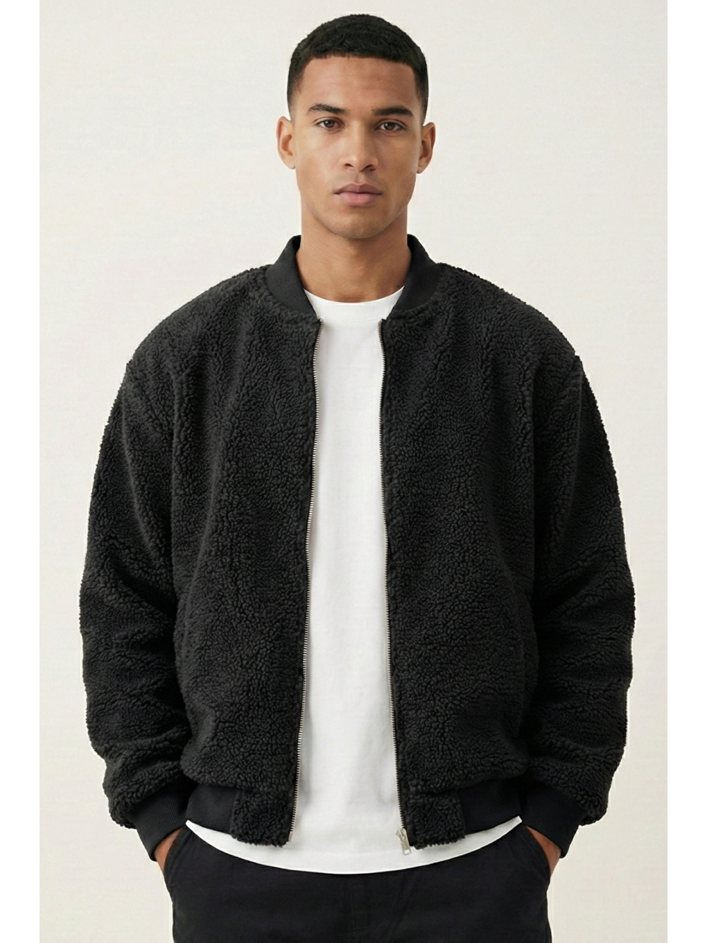 Siyah Erkek Mont Pelüş İçi Astarlı Oversize Geniş Kalıp Sherpa Kuzu Kumaş Spor Mont