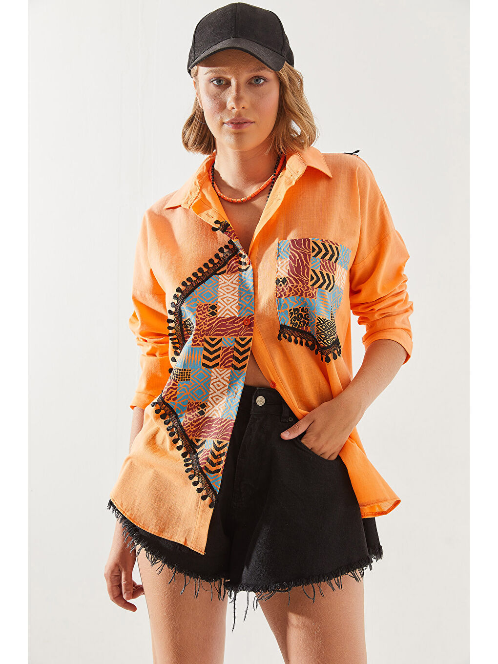 Turuncu Kadın Cep Detaylı Desenli Keten Basic Gömlek-2