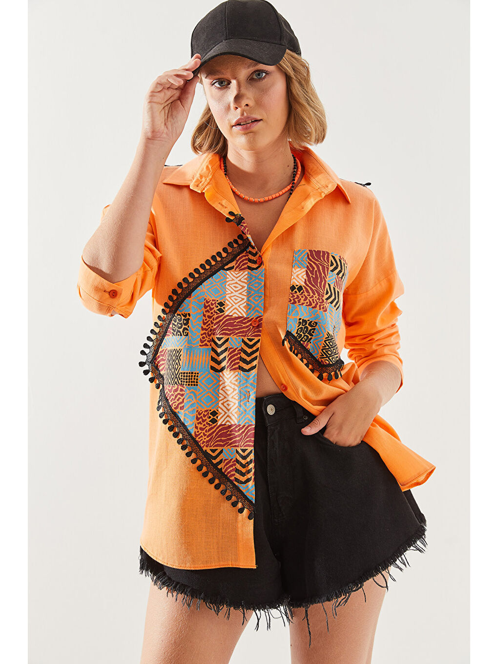 Turuncu Kadın Cep Detaylı Desenli Keten Basic Gömlek-3