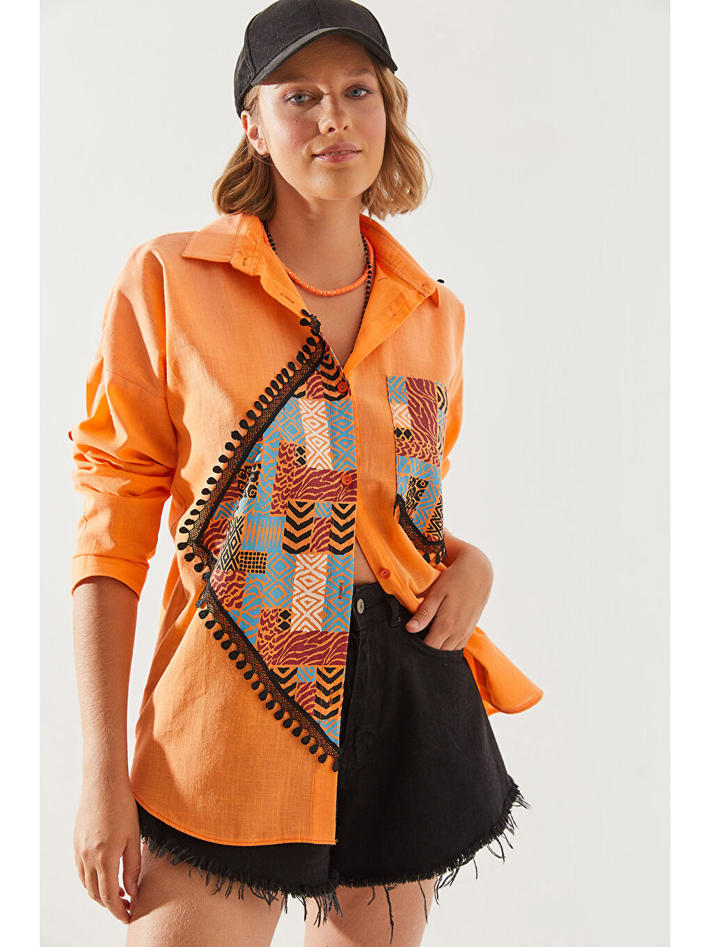 Turuncu Kadın Cep Detaylı Desenli Keten Basic Gömlek-4
