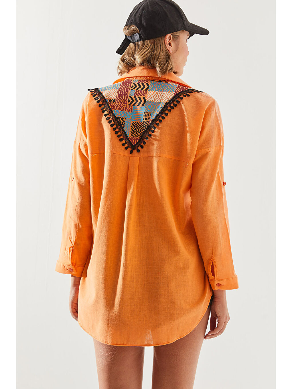Turuncu Kadın Cep Detaylı Desenli Keten Basic Gömlek-5