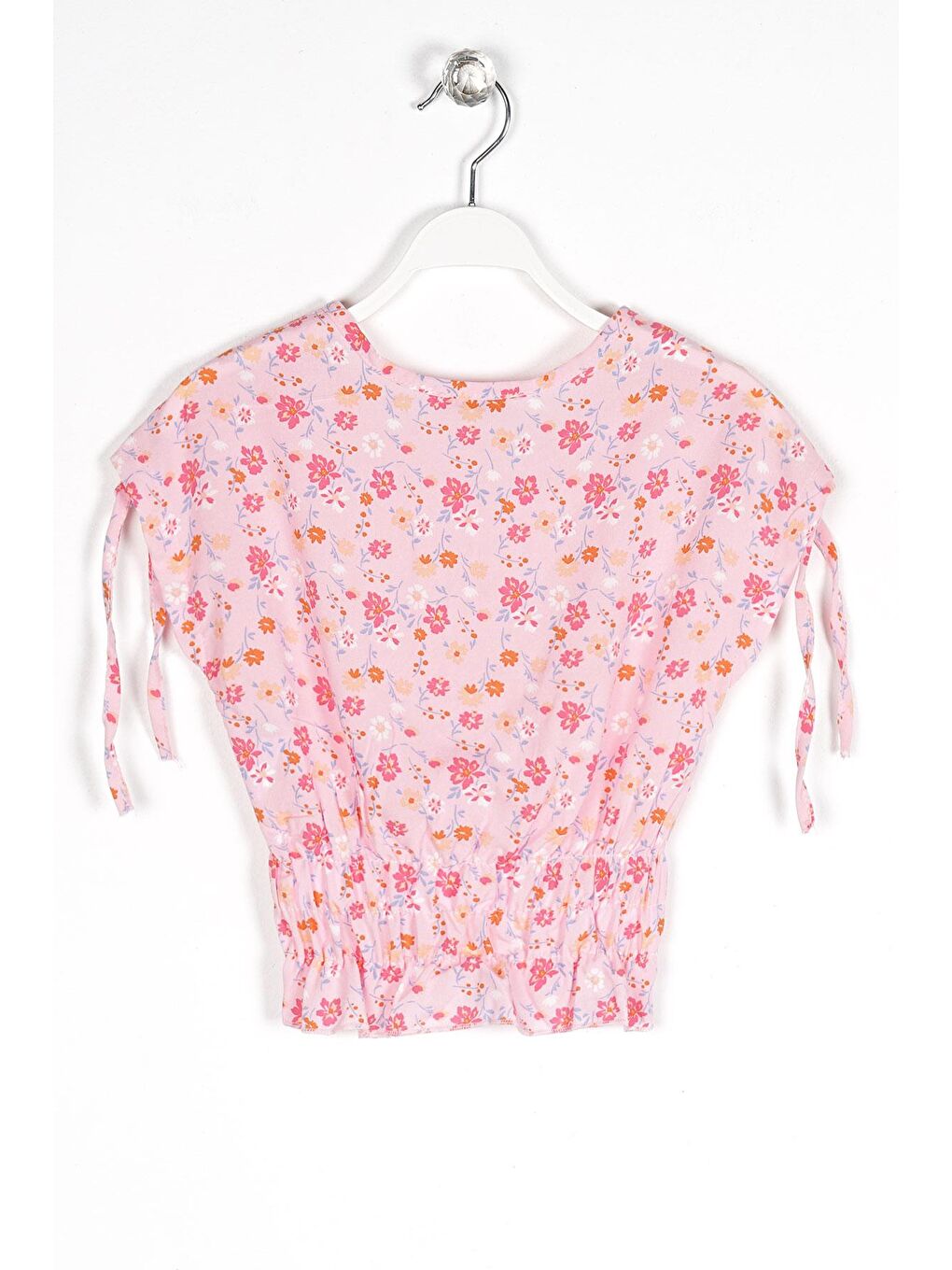 Bisiklet Yaka Kısa Kol Bel Büzgülü Omuzları Bağcıklı Çiçek Baskılı Pembe Renk Kız Çocuk Bluz-2