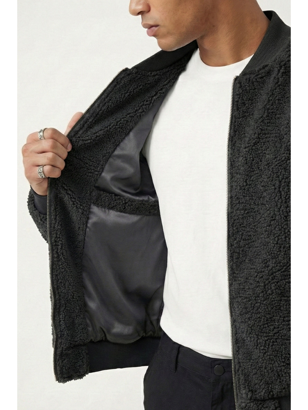 Siyah Erkek Mont Pelüş İçi Astarlı Oversize Geniş Kalıp Sherpa Kuzu Kumaş Spor Mont-1
