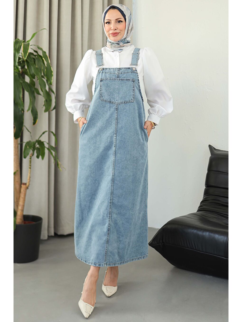 Cep Detaylı Askılı Jean Salopet Buz Mavi - 27833-BUZ-MAVI-1