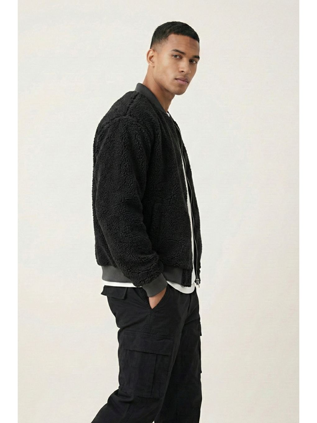 Siyah Erkek Mont Pelüş İçi Astarlı Oversize Geniş Kalıp Sherpa Kuzu Kumaş Spor Mont-2