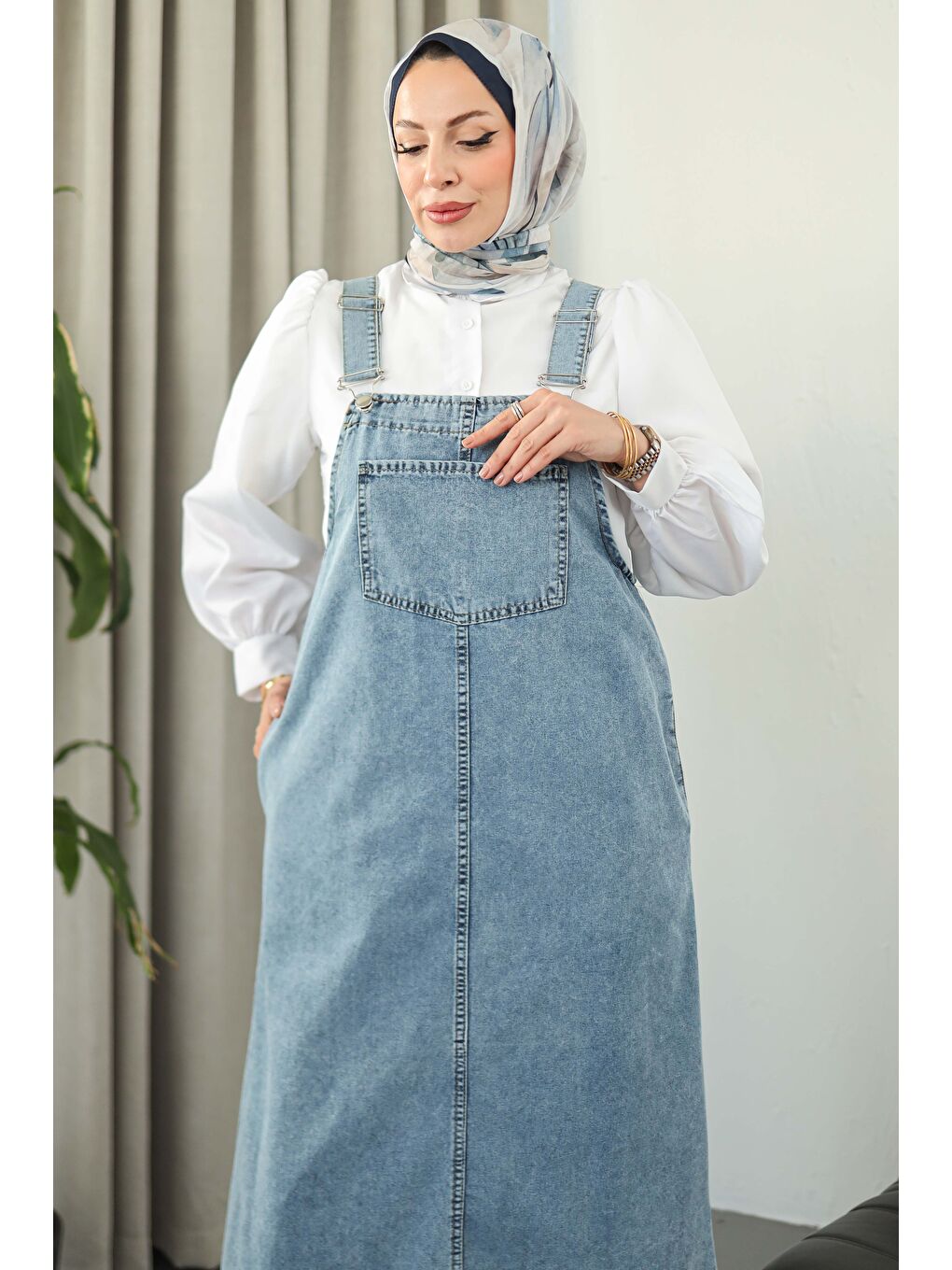 Cep Detaylı Askılı Jean Salopet Buz Mavi - 27833-BUZ-MAVI-2