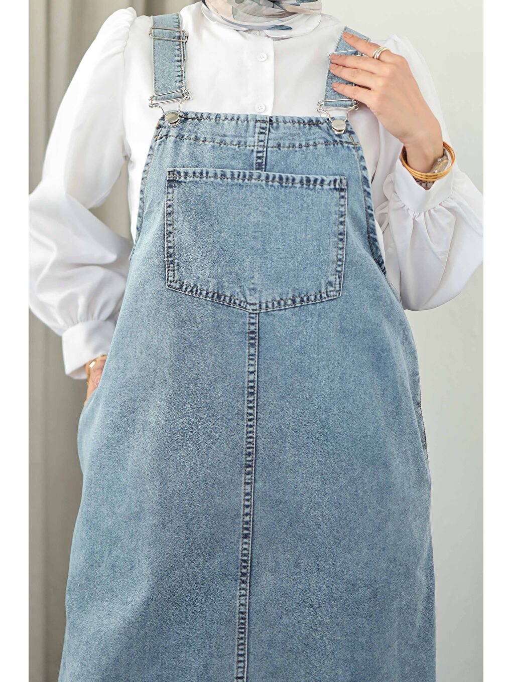 Cep Detaylı Askılı Jean Salopet Buz Mavi - 27833-BUZ-MAVI-3
