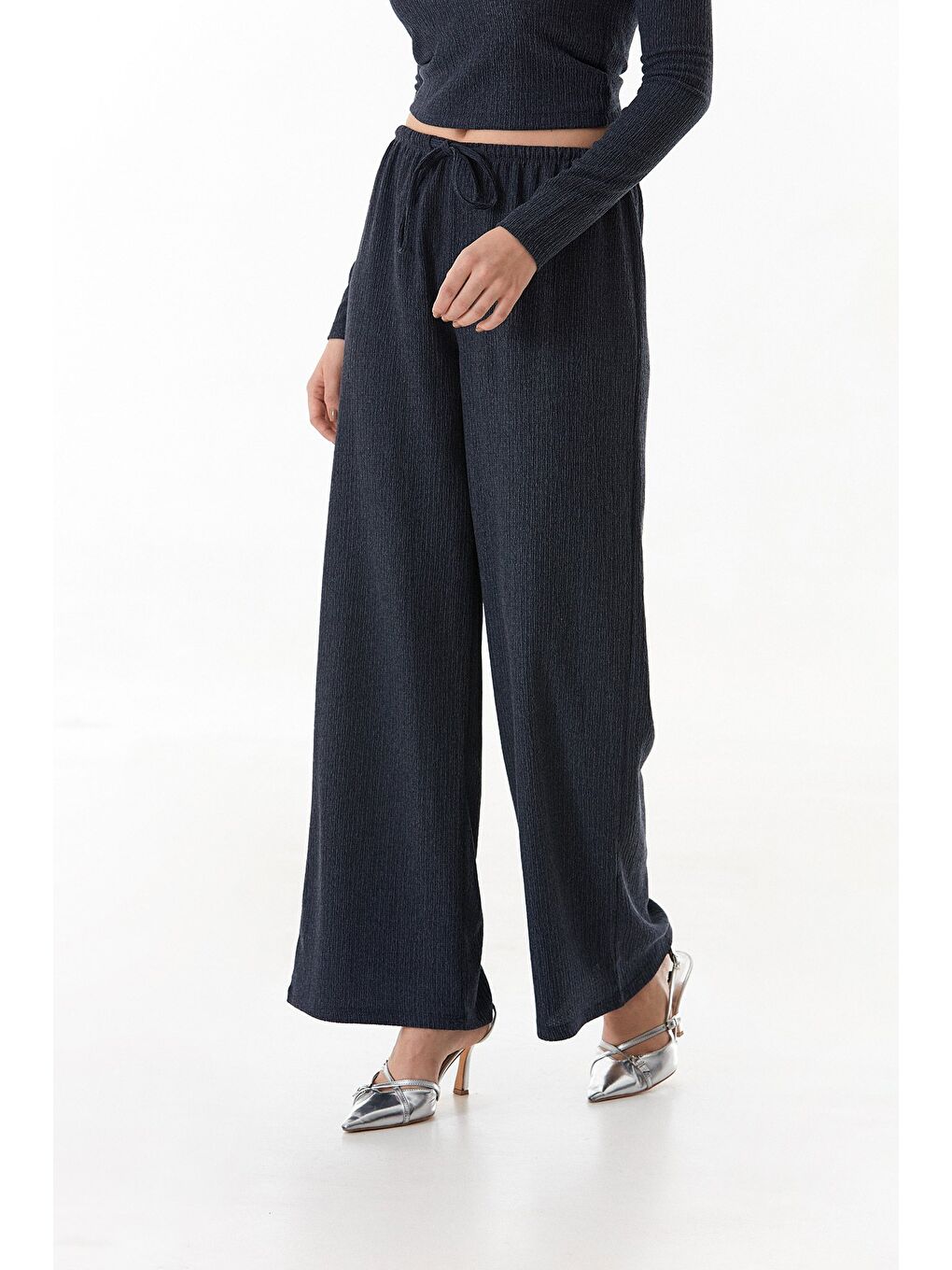 İndigo Beli Lastikli Bürümcük Kumaş Palazzo Pantolon-1