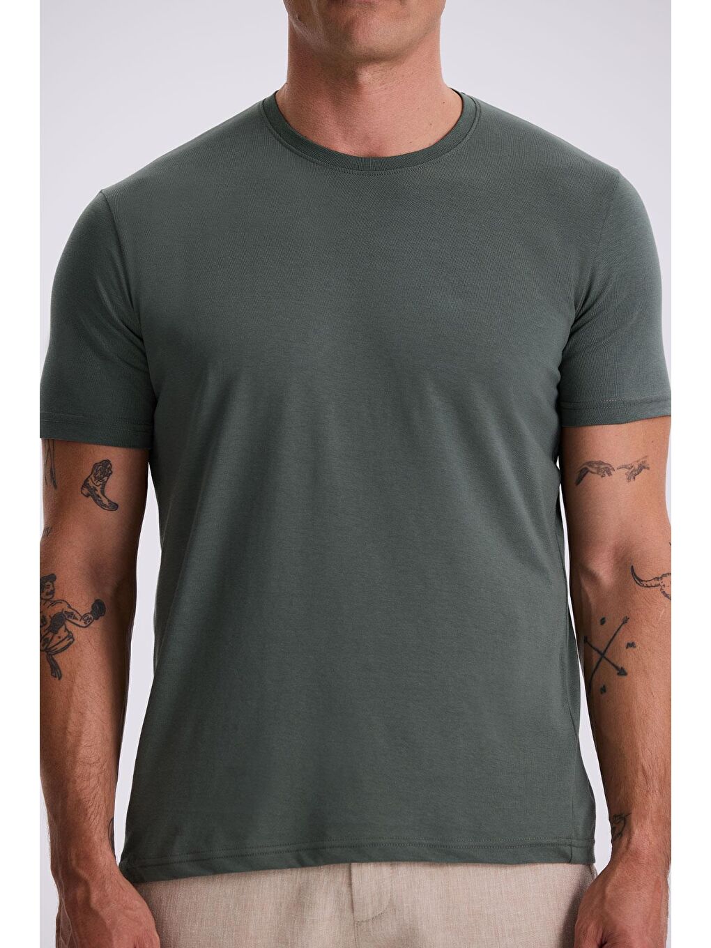 Haki %100 Pamuk Slim Fit Bisiklet Yaka Basic T-Shirt-2