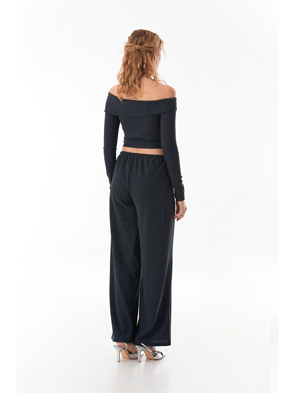 İndigo Beli Lastikli Bürümcük Kumaş Palazzo Pantolon-3