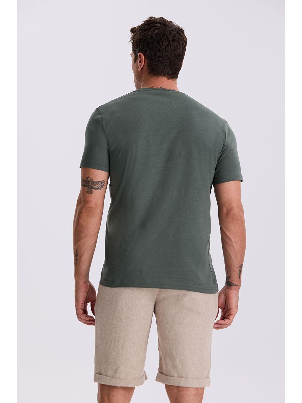 Haki %100 Pamuk Slim Fit Bisiklet Yaka Basic T-Shirt-3