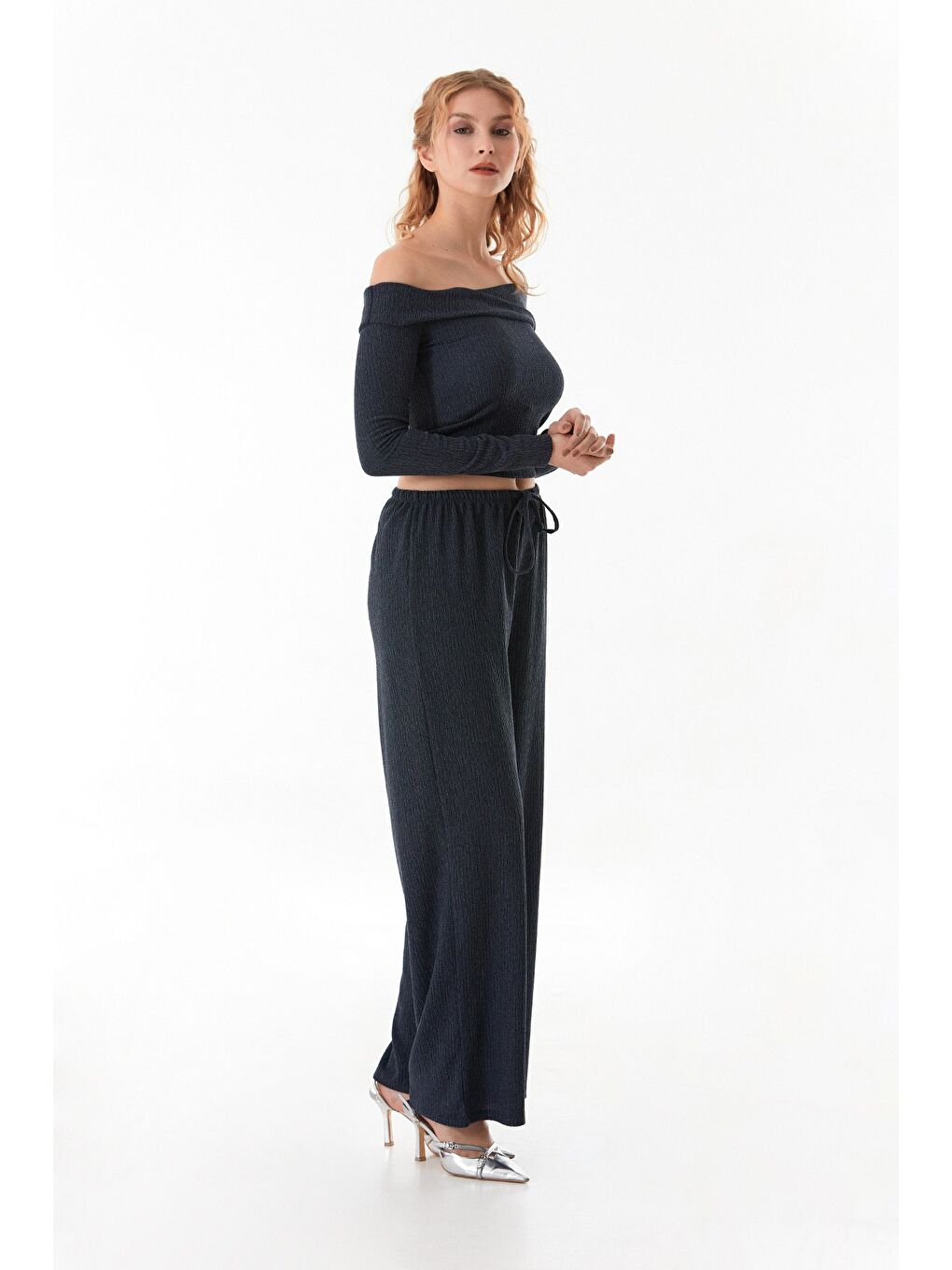 İndigo Beli Lastikli Bürümcük Kumaş Palazzo Pantolon-4