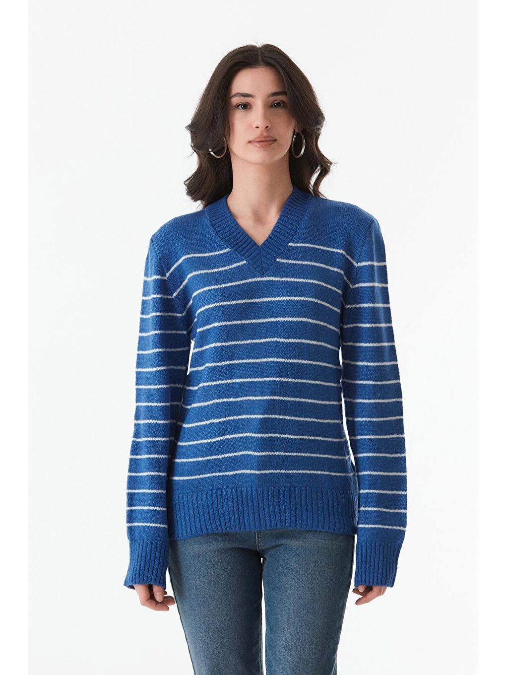 Mavi Çizgili V Yaka Triko Kazak-2