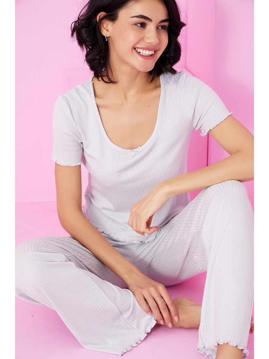 Gri Soft Touch İnce Mevsimlik Örme Pijama Takım7869