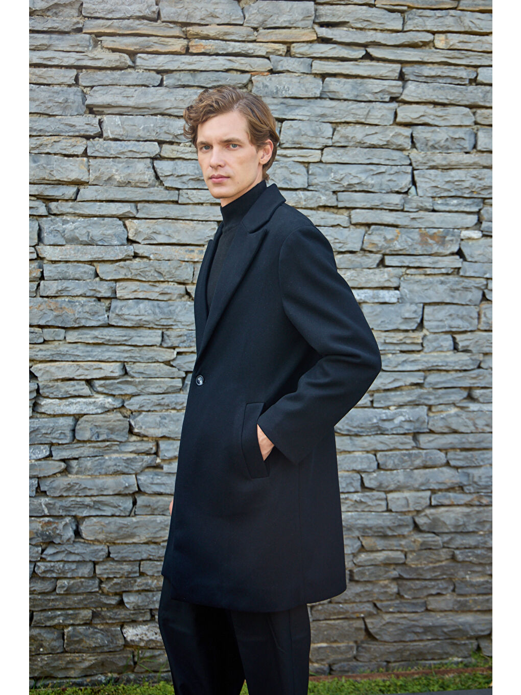 Erkek Rahat Kesim Kaşe Palto Siyah-4
