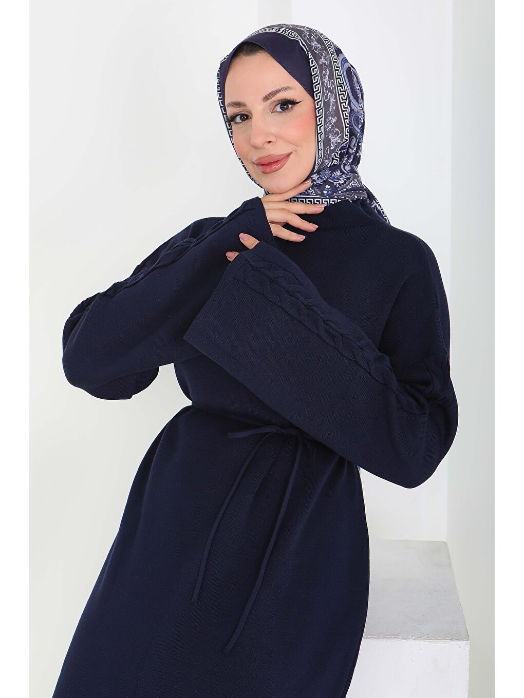 Kolda Örgü Detaylı Triko Elbise Lacivert - 27925-LACIVERT-1