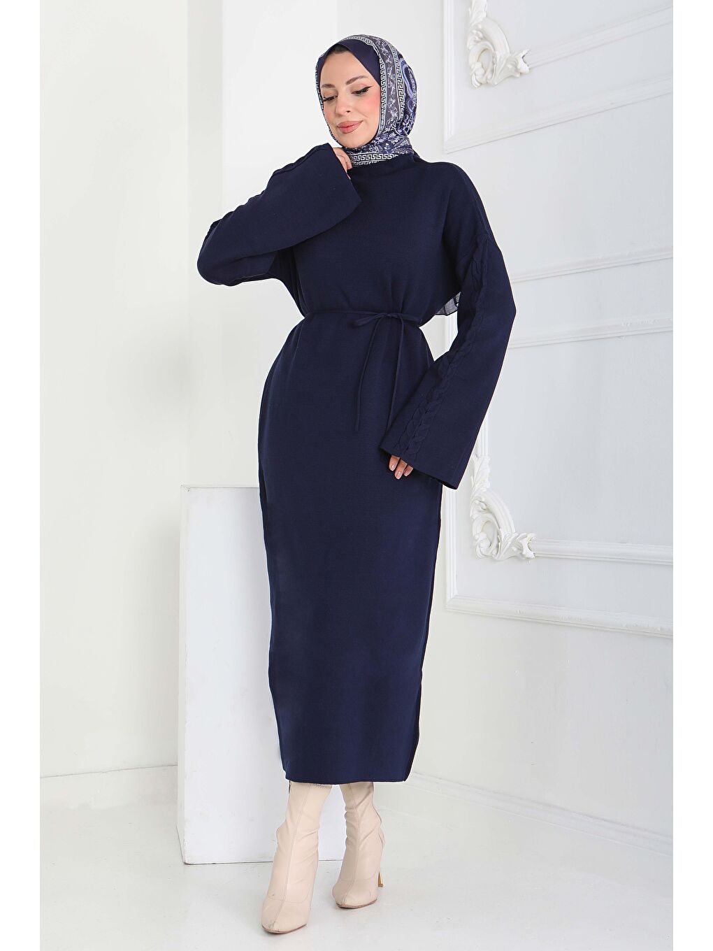 Kolda Örgü Detaylı Triko Elbise Lacivert - 27925-LACIVERT-2