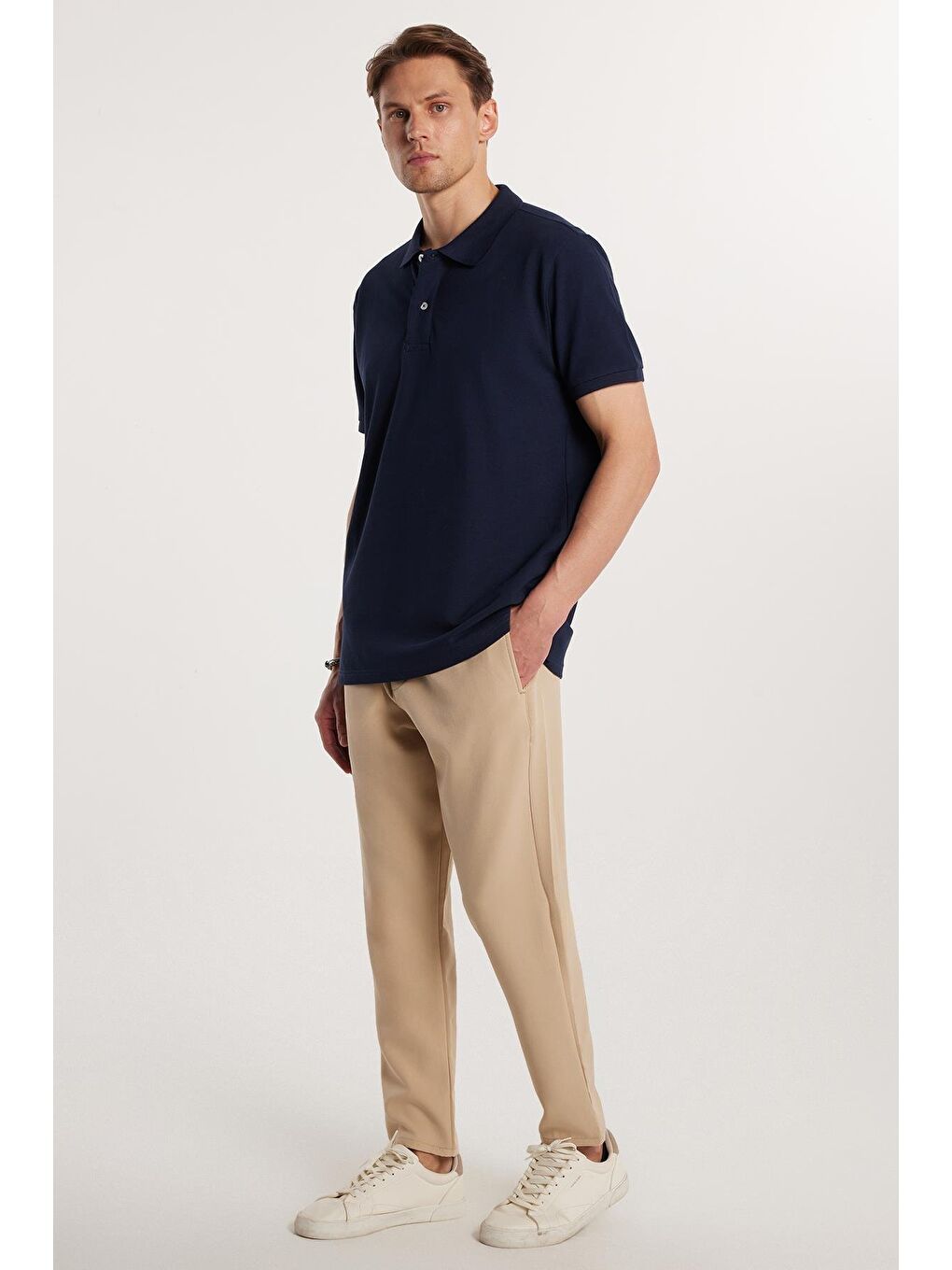 Erkek Regular Fit Beli Lastikli Bağcıklı Jogger Bej Pantolon Rahat Kesim Yan Cepli-3