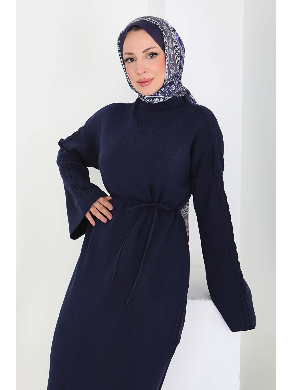 Kolda Örgü Detaylı Triko Elbise Lacivert - 27925-LACIVERT-3