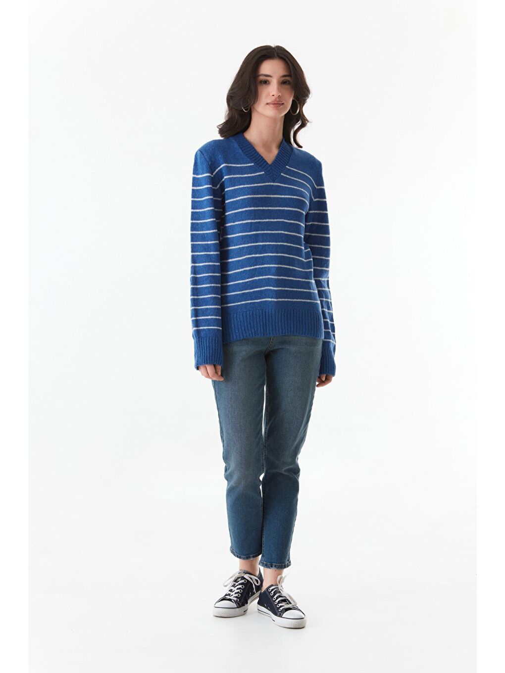 Mavi Çizgili V Yaka Triko Kazak-4