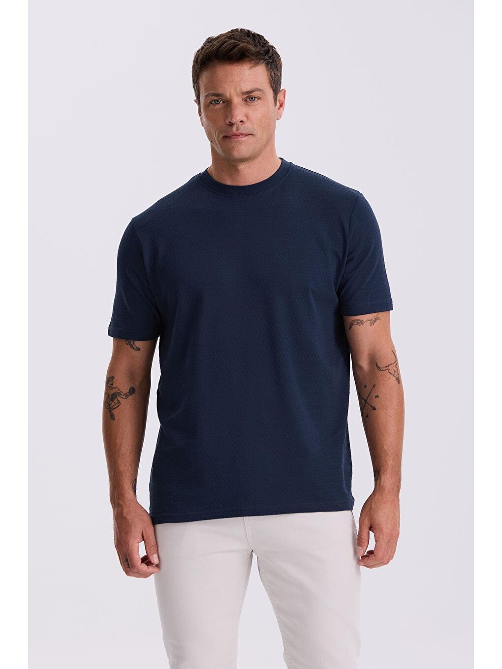 Lacivert %100 Pamuk Desenli Bisiklet Yaka T-Shirt