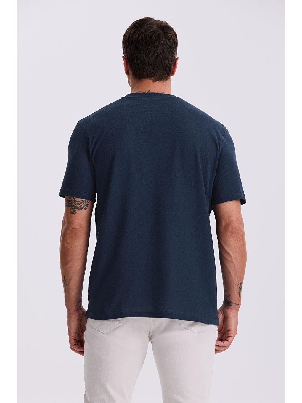 Lacivert %100 Pamuk Desenli Bisiklet Yaka T-Shirt-3