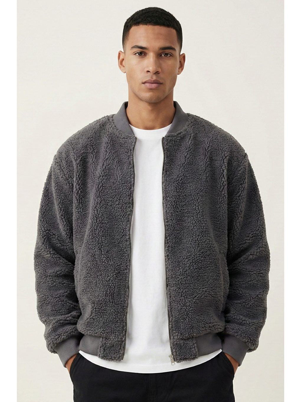 Gri Erkek Mont Pelüş İçi Astarlı Oversize Geniş Kalıp Sherpa Kuzu Kumaş Spor Mont