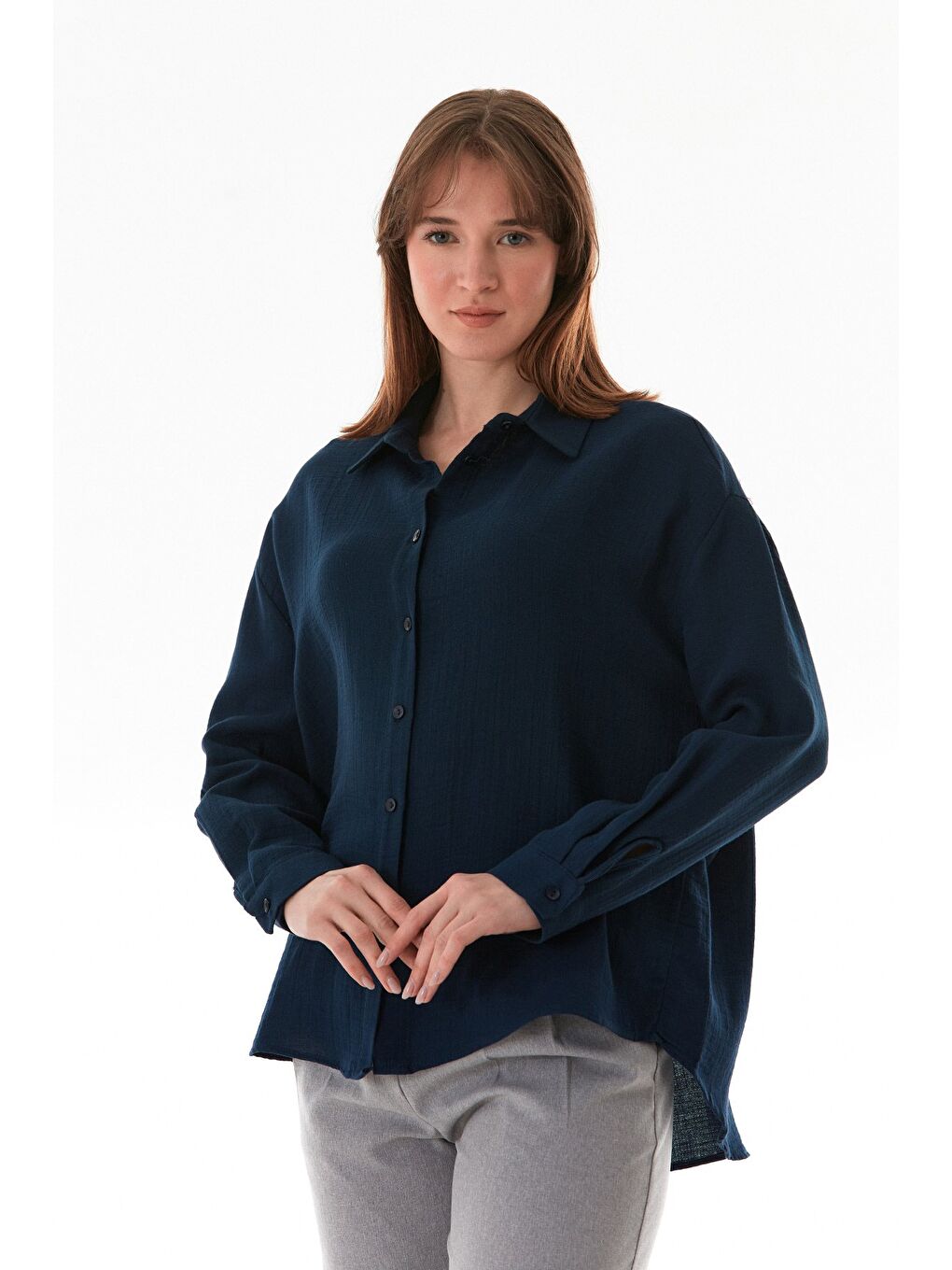 Lacivert Basic Düğmeli Salaş Gömlek