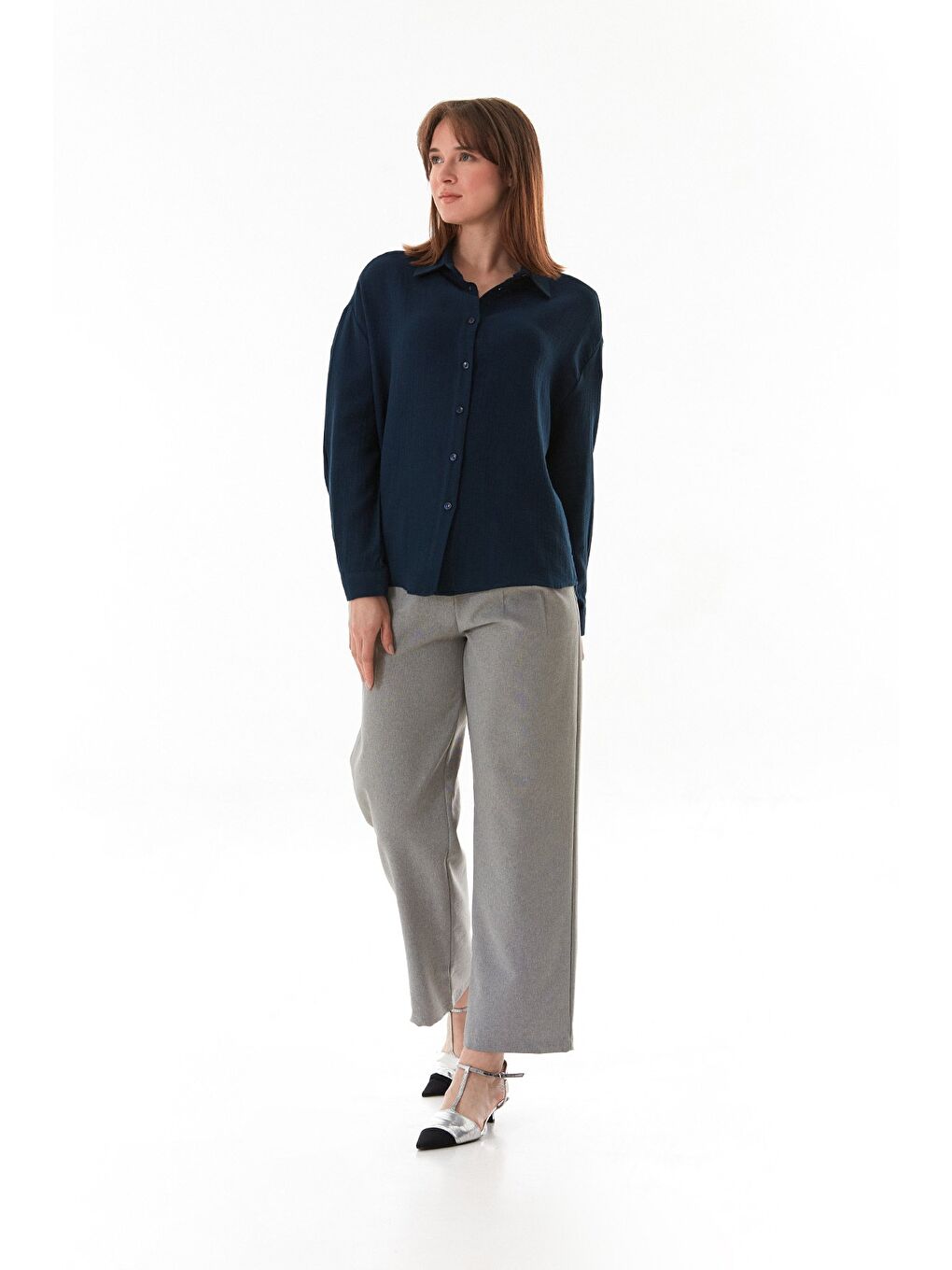 Lacivert Basic Düğmeli Salaş Gömlek-1