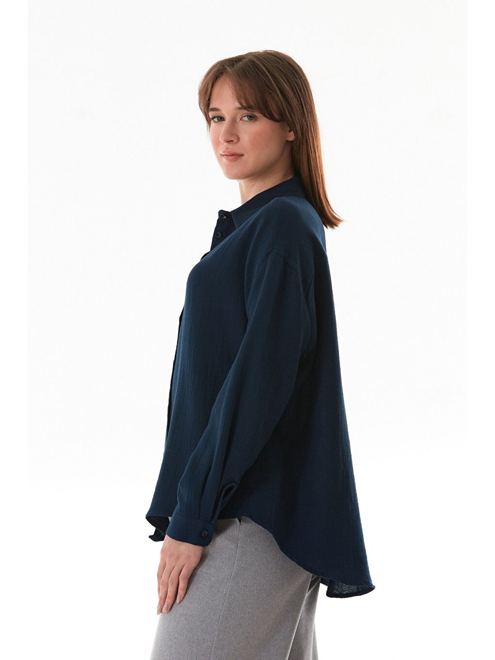 Lacivert Basic Düğmeli Salaş Gömlek-2