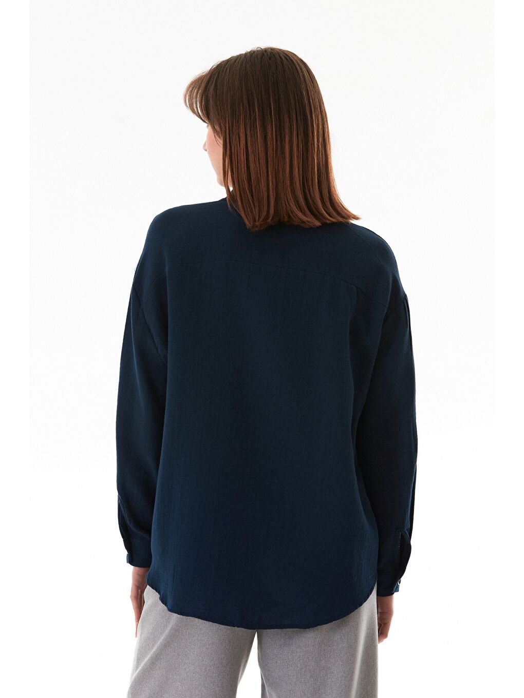 Lacivert Basic Düğmeli Salaş Gömlek-3