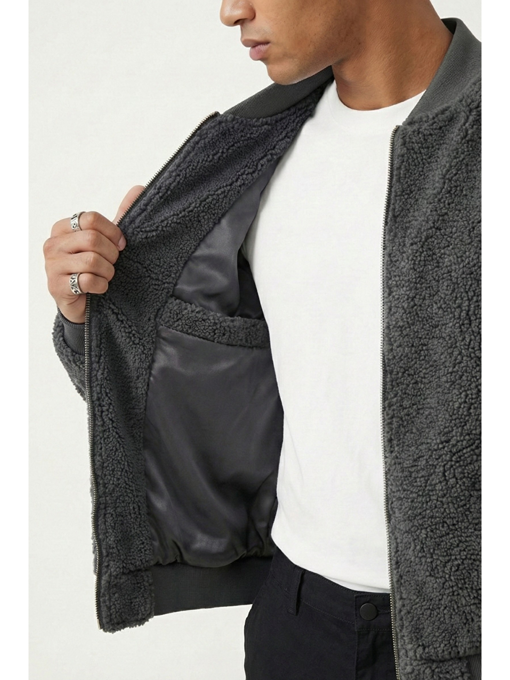 Gri Erkek Mont Pelüş İçi Astarlı Oversize Geniş Kalıp Sherpa Kuzu Kumaş Spor Mont-1