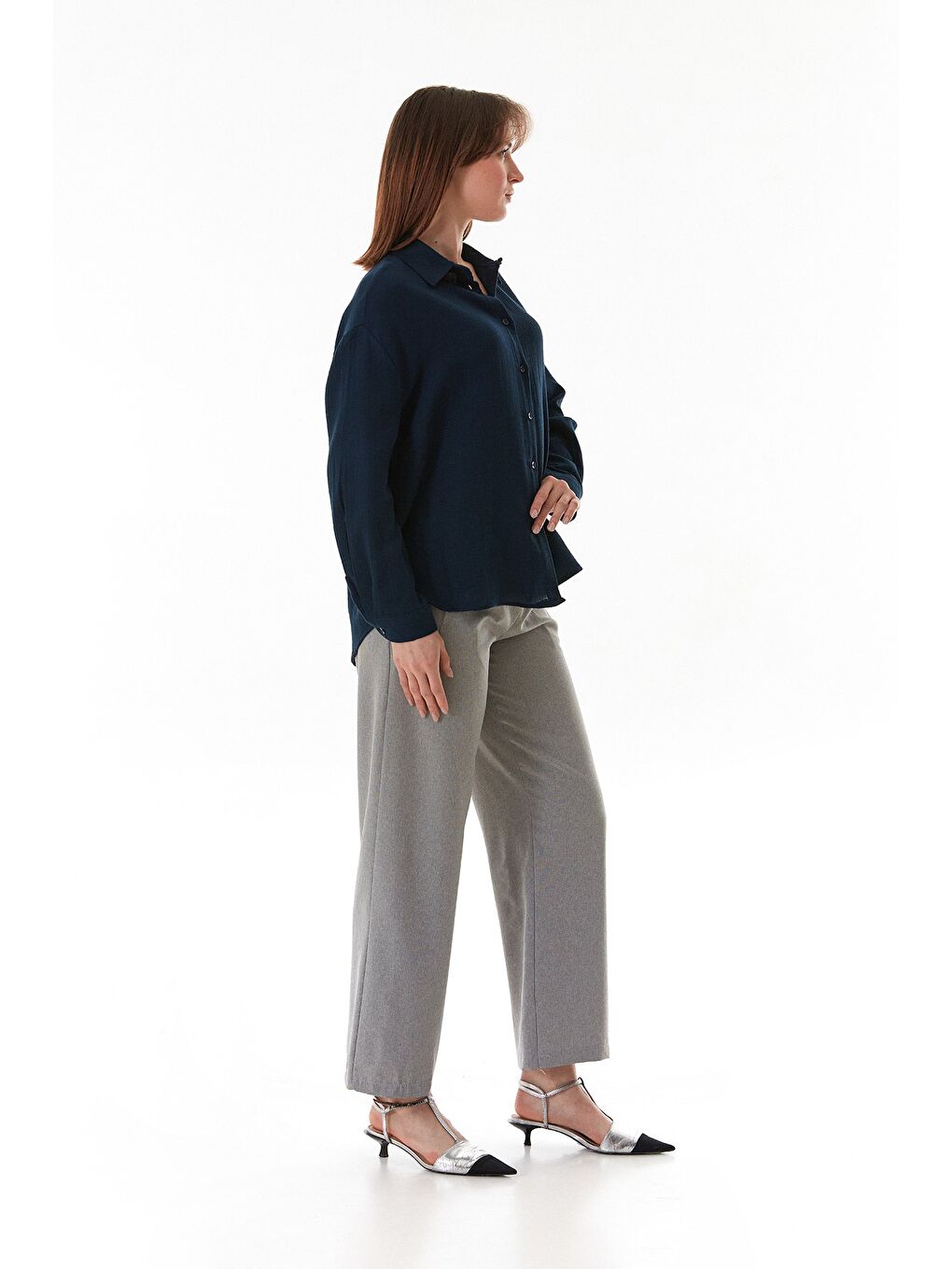 Lacivert Basic Düğmeli Salaş Gömlek-4