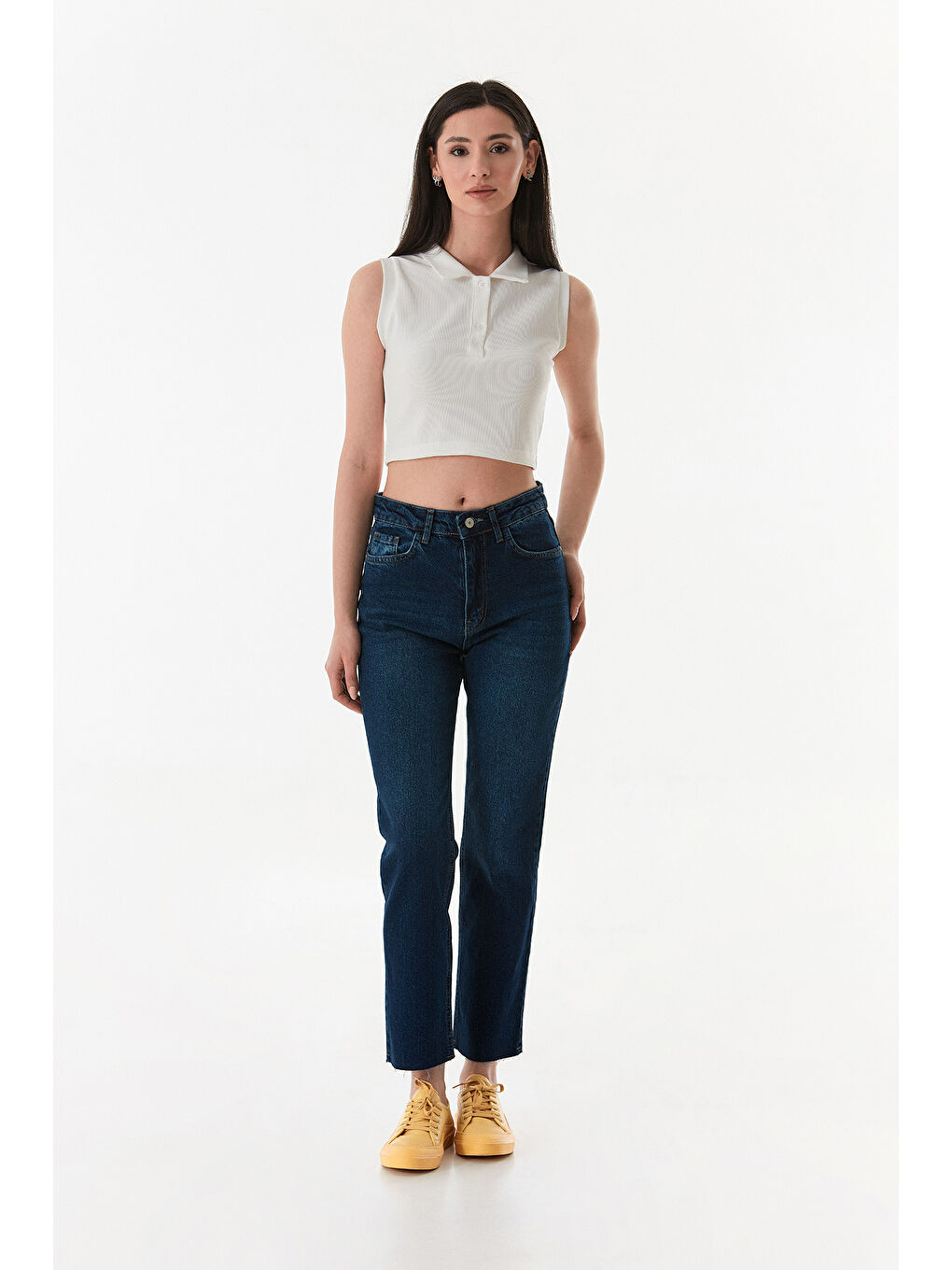 Lacivert Yüksek Bel Fermuarlı Mom Jean