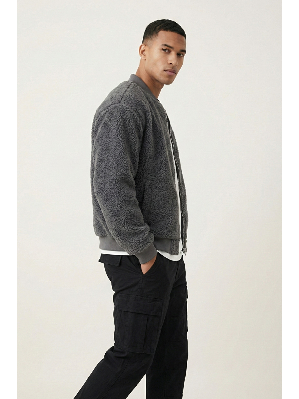 Gri Erkek Mont Pelüş İçi Astarlı Oversize Geniş Kalıp Sherpa Kuzu Kumaş Spor Mont-2