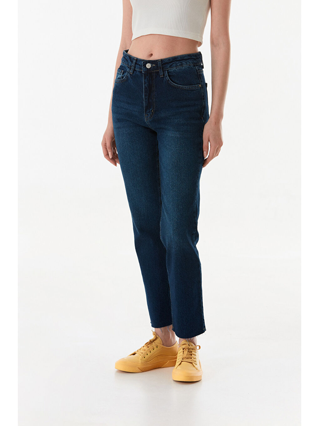 Lacivert Yüksek Bel Fermuarlı Mom Jean-1