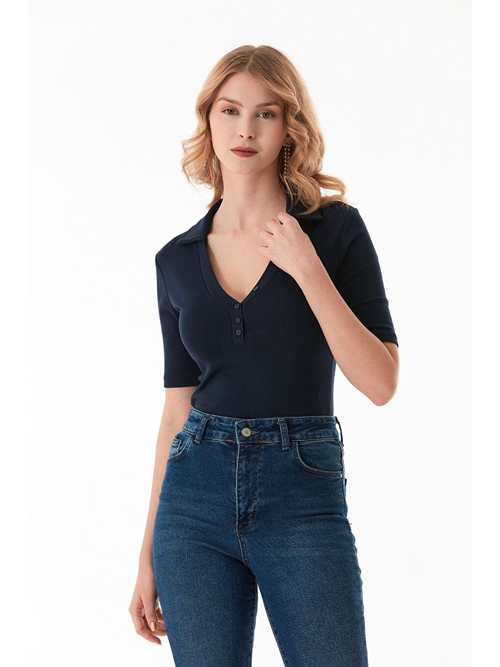 Lacivert Önü Düğmeli Polo Yaka Elastanlı Bluz-2