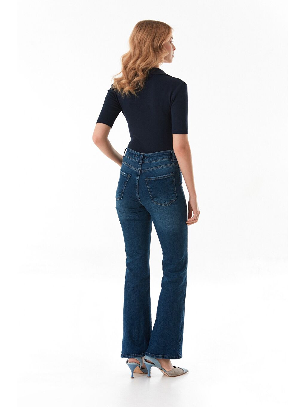 Lacivert Önü Düğmeli Polo Yaka Elastanlı Bluz-3