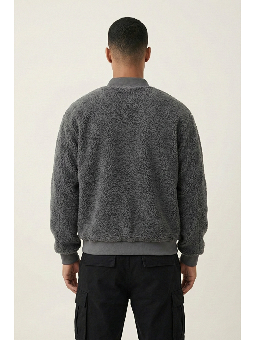 Gri Erkek Mont Pelüş İçi Astarlı Oversize Geniş Kalıp Sherpa Kuzu Kumaş Spor Mont-3